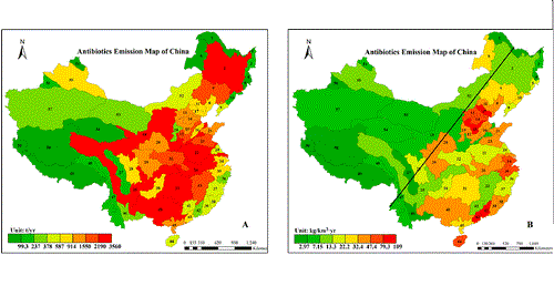 Map of China showing the total antibiotic emission in each river basin.gif