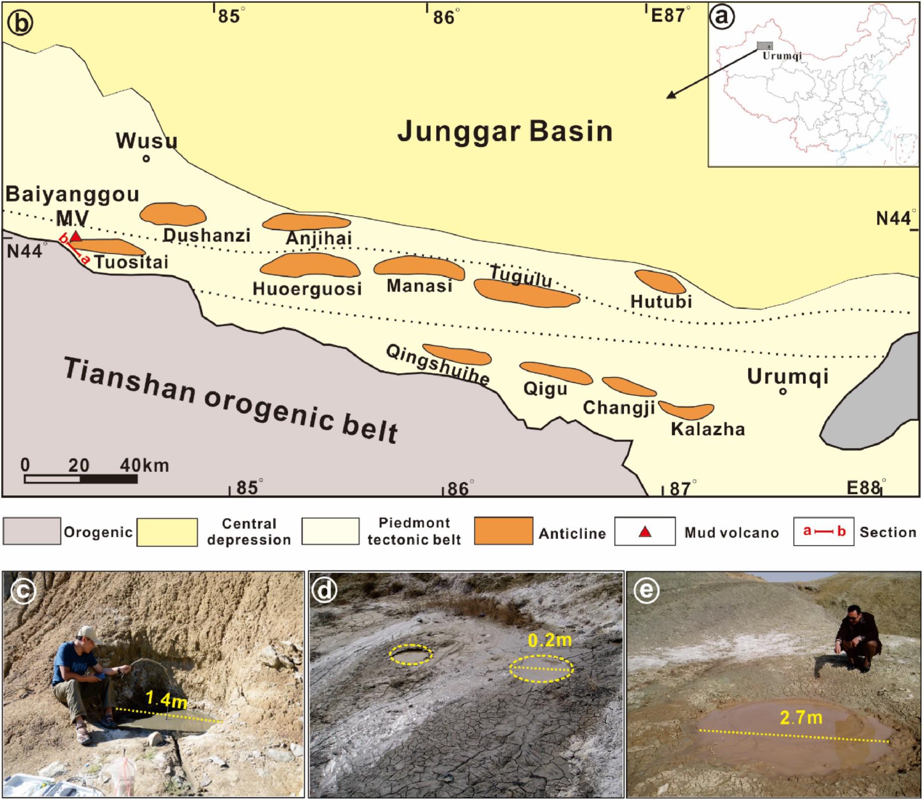 Sketch map of the study area and photographs of the mud volcanic craters.jpg