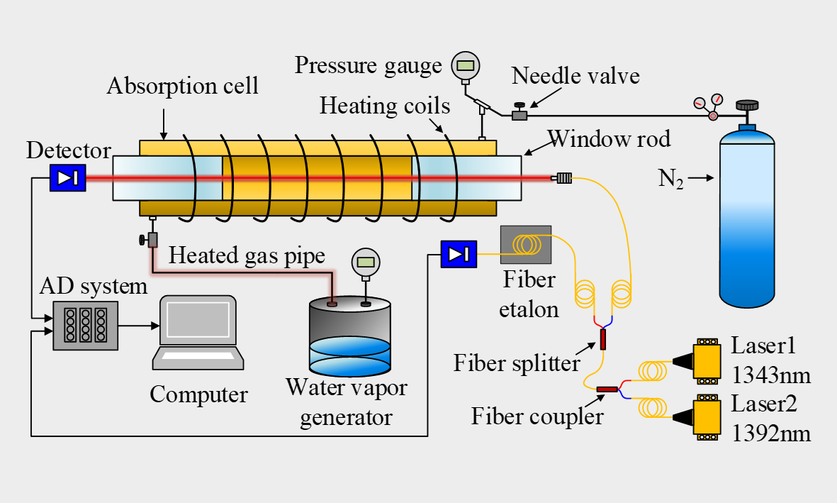 Schematic of pressure measurement using two-color laser absorption spectroscopy in heated absorption cell