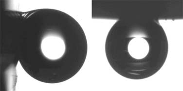 Water droplets always cling to the surface of the aligned polystyrene nanotube films fabricated by CAS researchers regardless of the angle at which the surface is held.