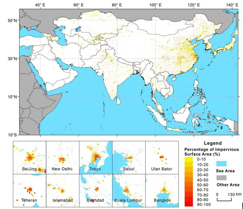 Spatial distribution and area ratio of artificial surface cover in Asia.JPG