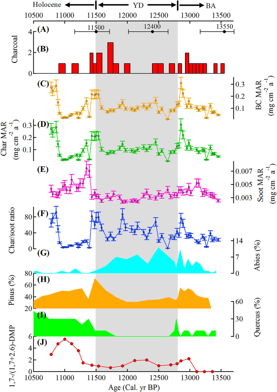 Comparison of macrocharcoal, BC, char, and soot mass accumulation rates (MARs) with local pollen and molecular compound data during the last glacial-interglacial transition at Linsley Pond. .png