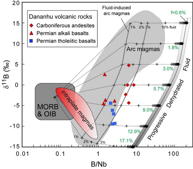 δ11B - B/Nb diagram identifying emplacement tectonic environment of Dananhu Carboniferous-Permian volcanic rocks