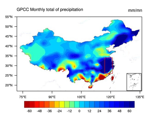 Monthly precipitation anomaly over China in May 2016.jpg