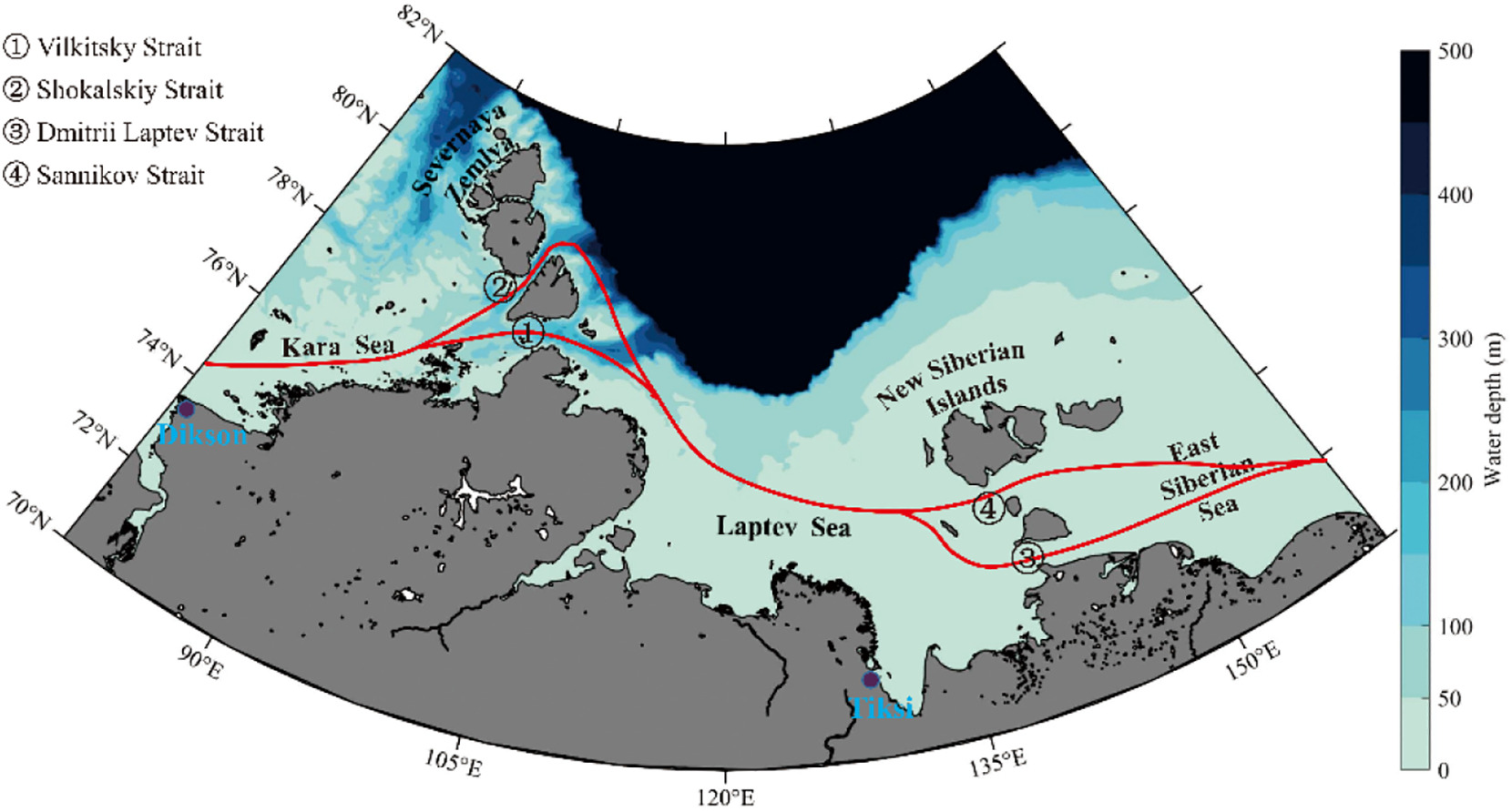 Northeast Passage and surrounding water depth in the Arctic