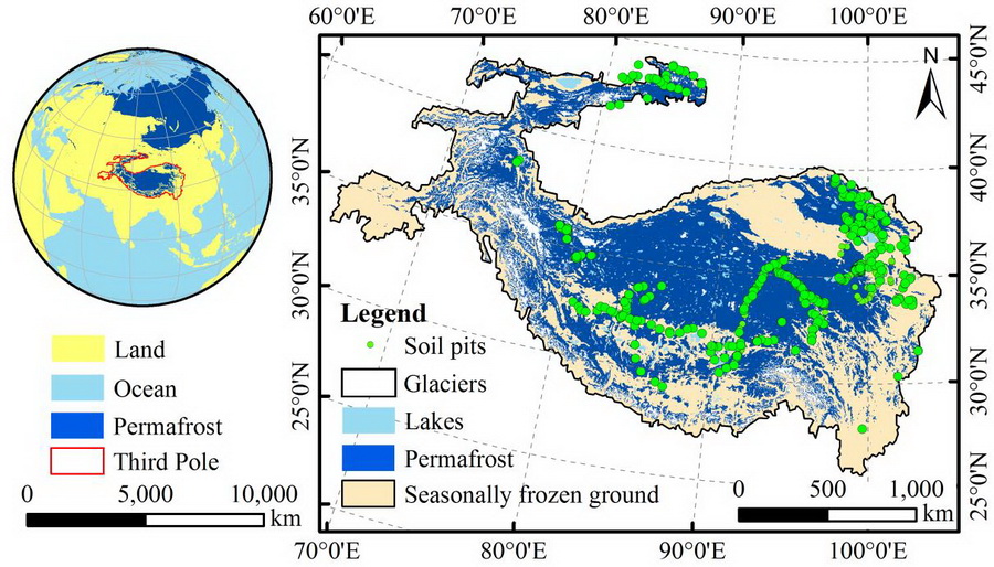 Distribution of soil pits in the Third Pole region (the frozen ground map is derived from Obu et al., 2019).jpg