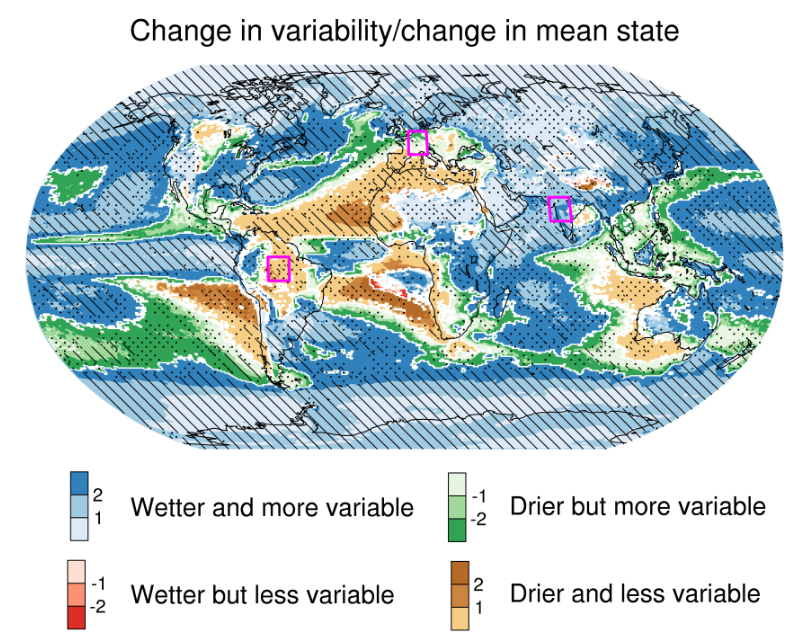 Classificação dos regimes de mudança de precipitação com base nas mudanças no estado médio da precipitação e na variabilidade. O sombreamento indica a razão de mudança na variabilidade da precipitação e precipitação média. (Imagem por IAP)